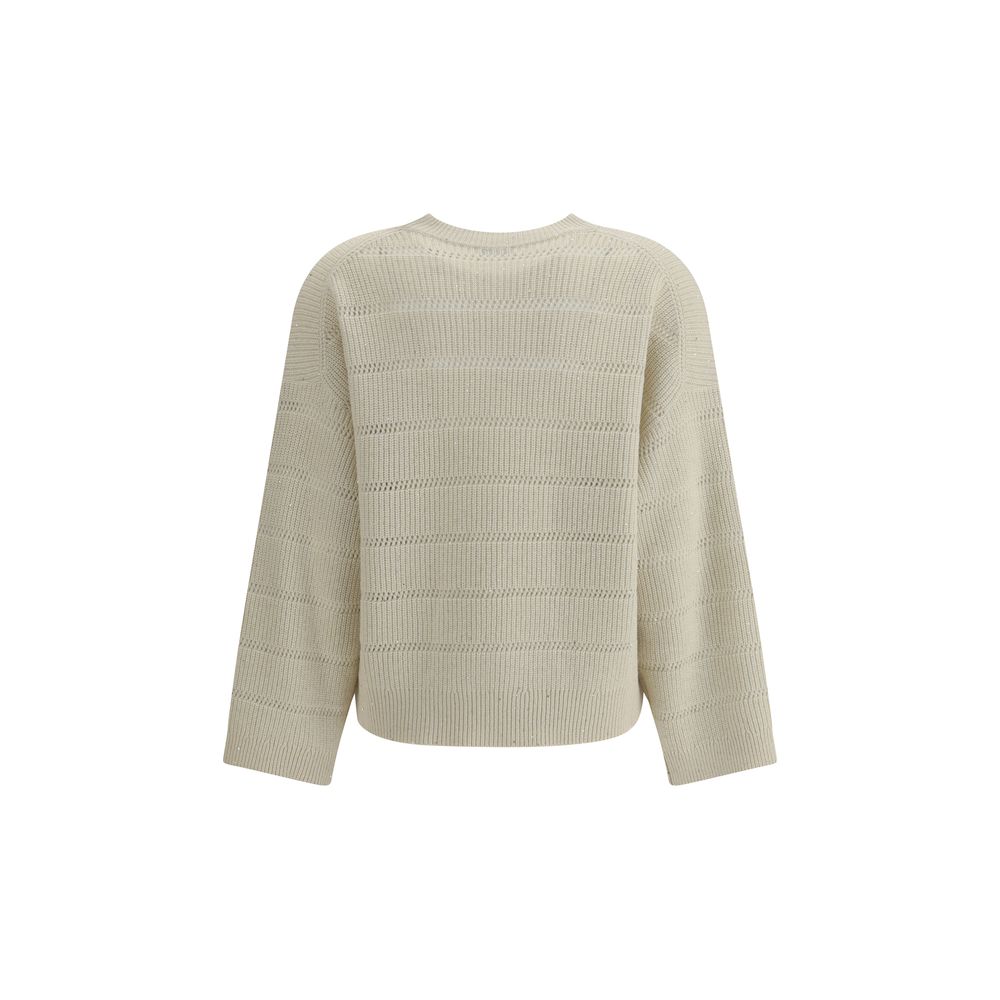 Back view of Brunello Cucinelli White Cashmere Cashmere Sweater with ribbed knit texture, crew neck, and wide sleeves.