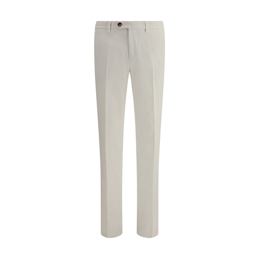 Brunello Cucinelli White Cotton Casual Pants with front button and zipper closure, belt loops, side slash and back welt pockets.