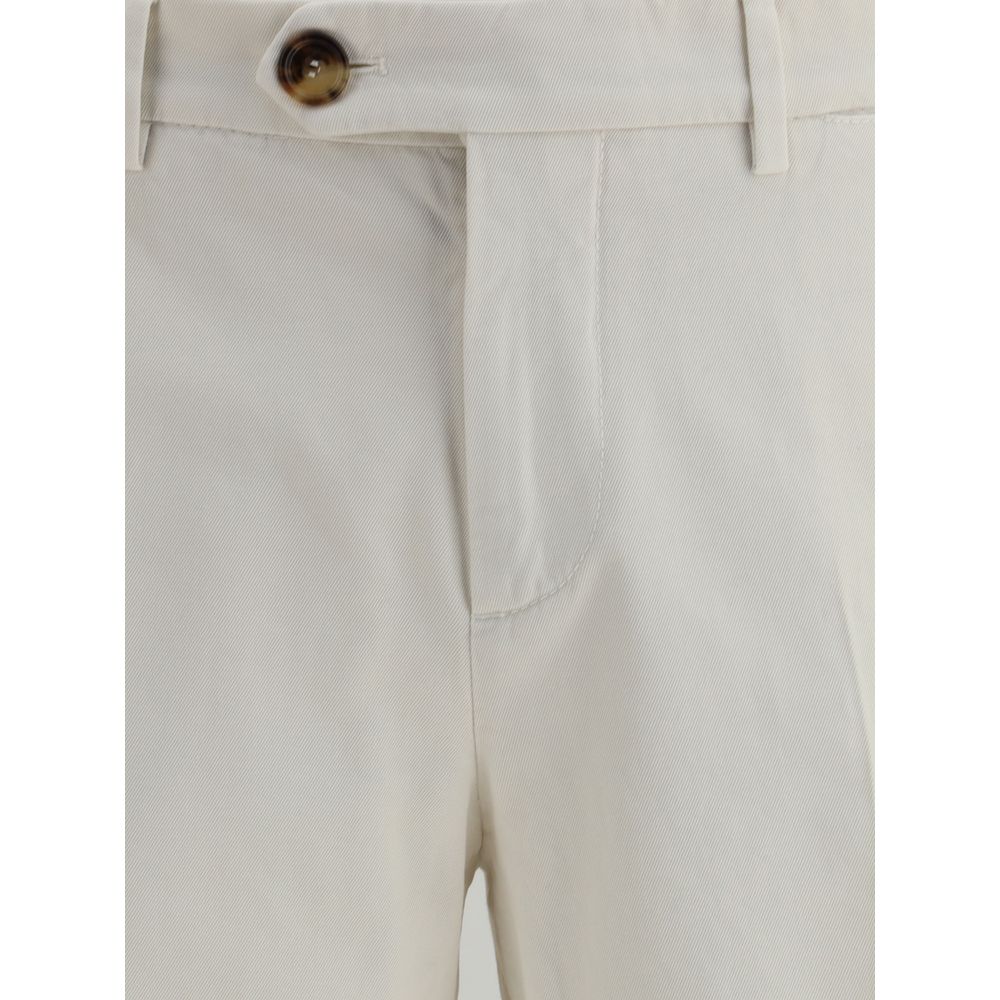 Close-up of Brunello Cucinelli White Cotton Casual Pants showing button, zipper closure, and belt loops.