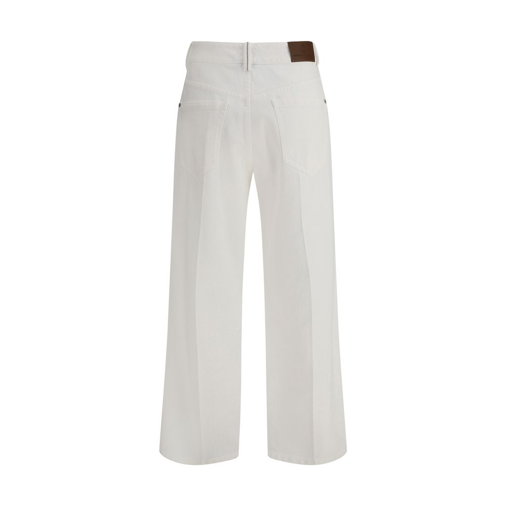 Back view of Brunello Cucinelli White Cotton Straight-Leg Jeans showcasing leather patch and classic style.