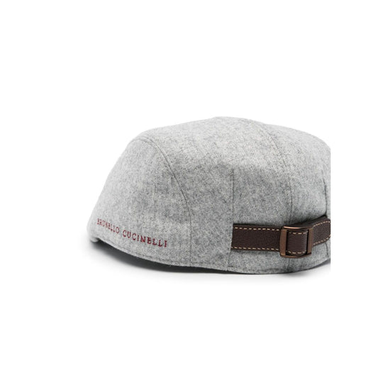 Brunello Cucinelli Wool hat in heather grey with embroidered logo, adjustable leather strap, side view showcasing flat peak design.