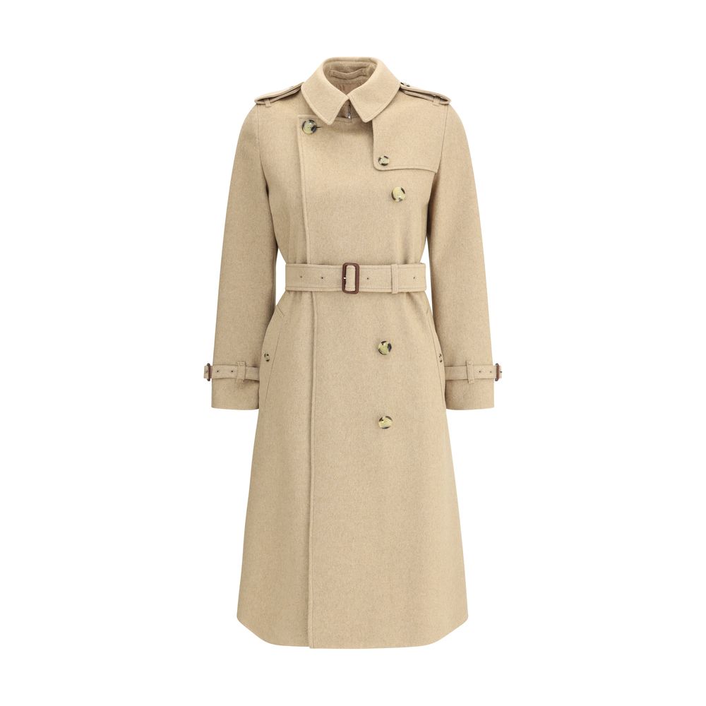 Burberry Beige Cashmere Coat, double-breasted with waistband, epaulettes, and side-buttoned welt pockets.