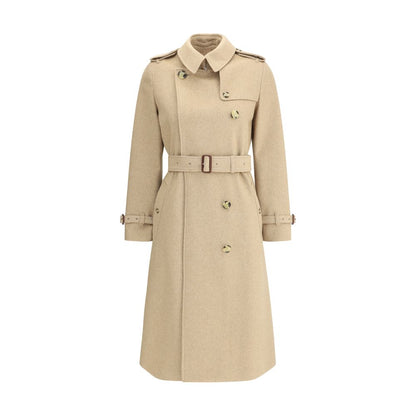 Burberry Beige Cashmere Coat, double-breasted with waistband, epaulettes, and side-buttoned welt pockets.
