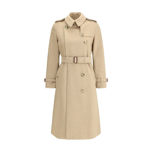 Burberry Beige Cashmere Coat, double-breasted with waistband, epaulettes, and side-buttoned welt pockets.