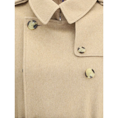 Close-up of double-breasted Burberry Beige Cashmere Coat with buttons and collar detailing.