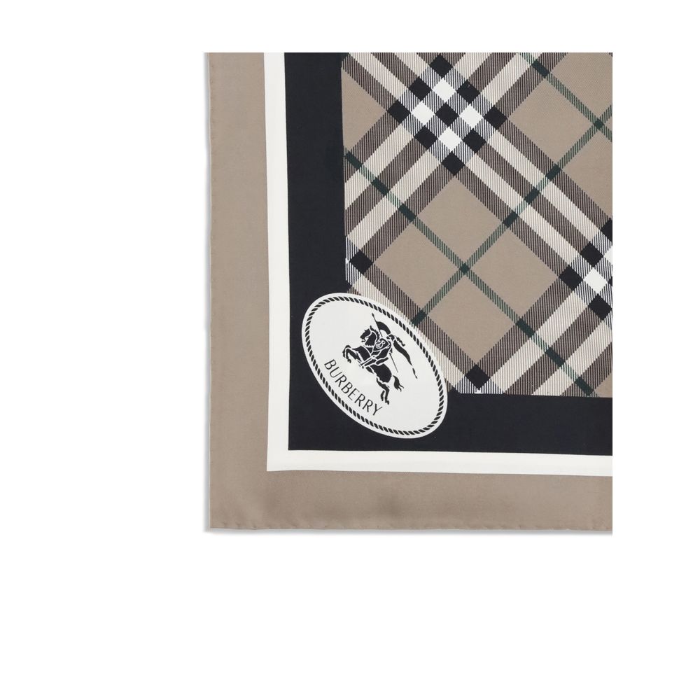 Burberry Beige Silk Scarf with Archive Check pattern and Equestrian Knight logo in corner, made of 100% silk for AW25 collection.