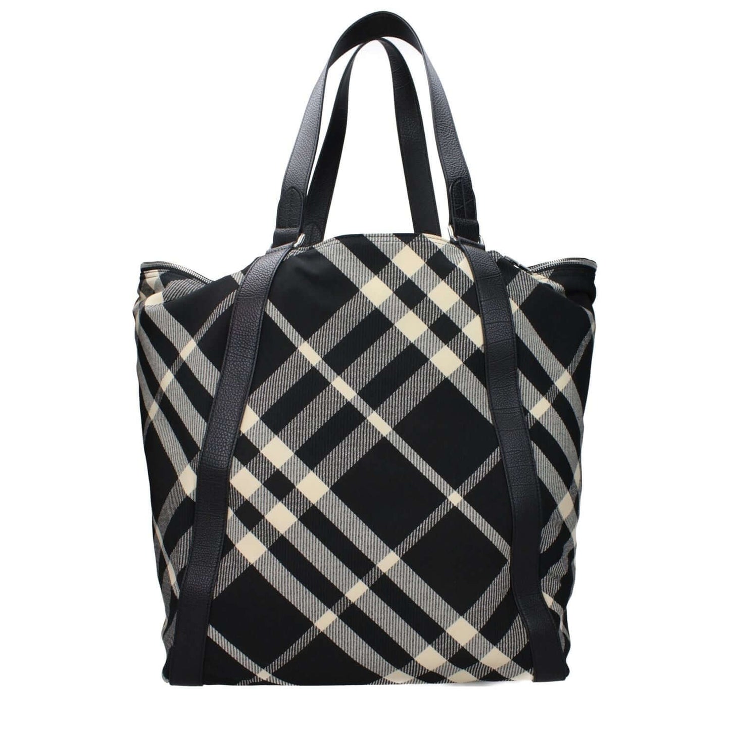 Burberry Black Fabric Shoulder Bag with check print, silver accents, and beige secondary color. Casual maxi-sized bag with handles.
