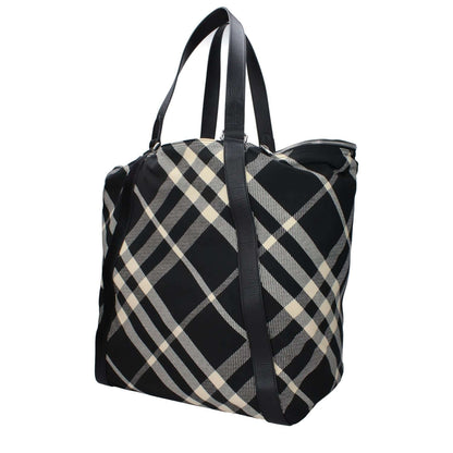 Burberry Black Fabric Shoulder Bag with check print, silver details, and maxi size, featuring internal and external pockets.