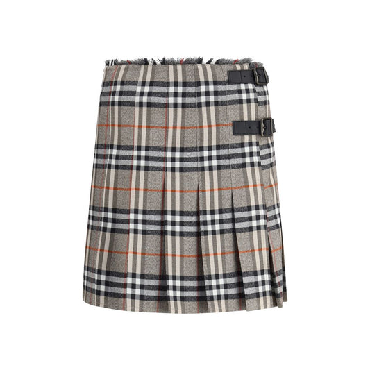 Burberry Gray Wool Mini Skirt with check pattern, pleats, and leather straps featuring B-shaped buckle for adjustable fit