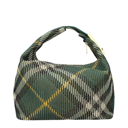 Burberry Green Fabric Handbag with gold accents, medium size, check print, zip closure, handle length 13 cm, width 33.5 cm, height 19 cm.