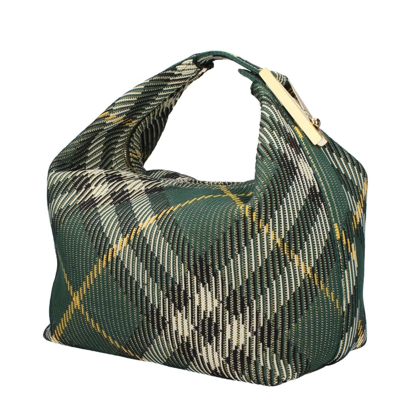 Burberry Green Fabric Handbag with check print and gold accents, medium size with zip closure, handle 13cm, depth 17cm.