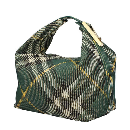 Burberry Green Fabric Handbag with check print and gold accents, medium size with zip closure, handle 13cm, depth 17cm.