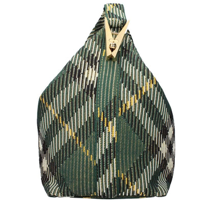 Burberry Green Fabric Handbag with gold details, medium size, featuring zip closure and check print. Ideal for fashion enthusiasts.
