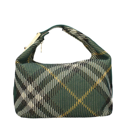 Burberry Green Fabric Handbag with check print, medium size, gold details, zip closure, 33.5 cm width, 19 cm height, elegant style.