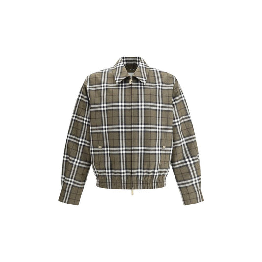 Burberry Green Wool Bomber featuring check pattern, double slider zipper, and elastic hem