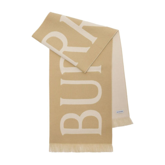 Burberry Logo wool scarf in archive beige with frayed edge and mini logo tag, rectangular shape, luxury designer accessory.