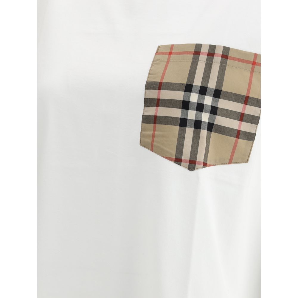 Burberry White Cotton T-Shirt with Archive Check pocket, featuring ribbed crew neck and modern monochrome pattern for versatile AW25 collection.