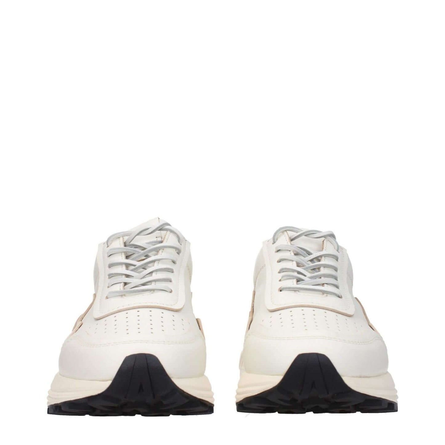 Buttero White Leather Low Top Sneakers with lace-up closure, rubber sole, round toe, and mid heels viewed from the front.
