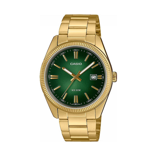 CASIO COLLECTION Mod. DATE, GOLD - GREEN wristwatch with 5 ATM water resistance, 38.5 mm case, SS IP Gold strap, and quartz movement.