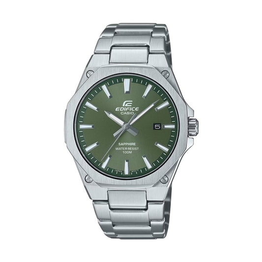 CASIO EDIFICE Mod. CLASSIC SLIM GREEN wristwatch with stainless steel bracelet, 40mm case, green dial, 10 ATM water resistance, sapphire crystal.