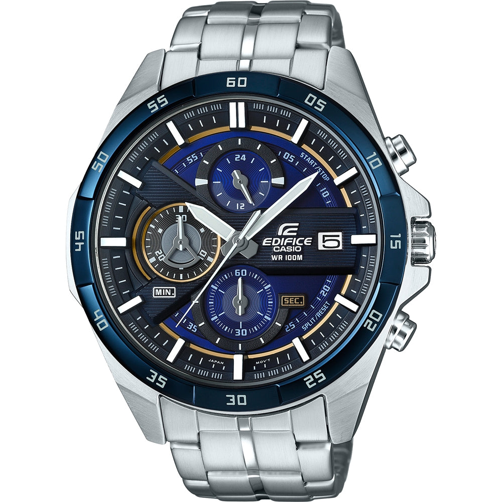 CASIO EDIFICE Mod. MULTILAYER CHRONOGRAPH - NIGHT BLUE wristwatch with stainless steel band, 48.5 mm case, and multifunction quartz movement.