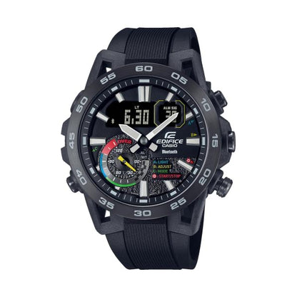 CASIO EDIFICE Mod. RACING MULTI COLOR SERIE wristwatch with 10 ATM water resistance, multifunctional quartz movement, 48 mm case, and resin strap.