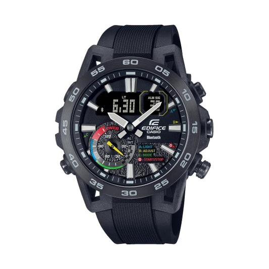 CASIO EDIFICE Mod. RACING MULTI COLOR SERIE wristwatch with 10 ATM water resistance, multifunctional quartz movement, 48 mm case, and resin strap.