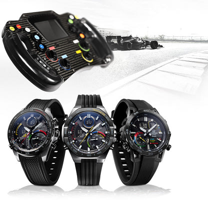CASIO EDIFICE Mod. RACING MULTI COLOR SERIE wristwatches with racing theme, featuring durable resin strap and multifunction quartz movement.