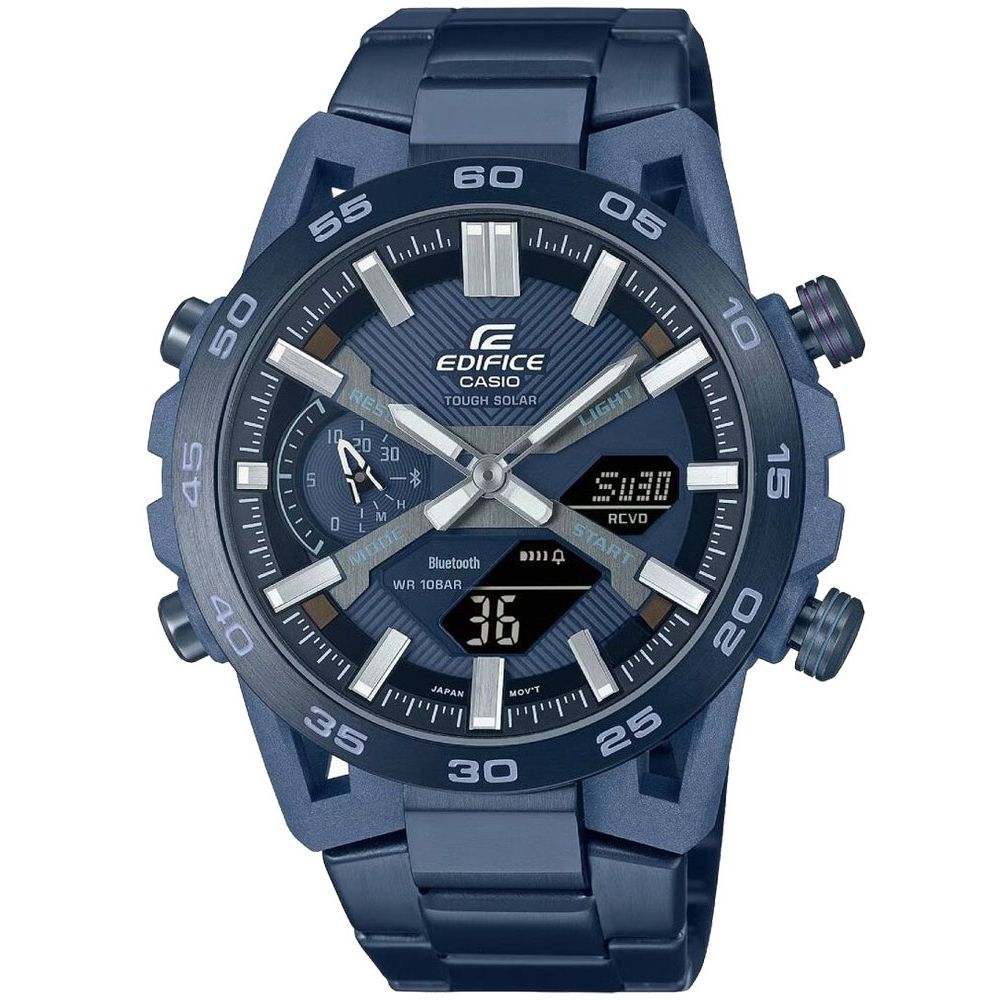CASIO EDIFICE Mod. SOSPENSIONE Tough Solar Bluetooth® wristwatch with blue dial and stainless steel strap.