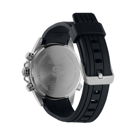 Back view of CASIO EDIFICE Mod. SPORT Bluetooth wristwatch with resin strap and stainless steel case, multifunction quartz movement.