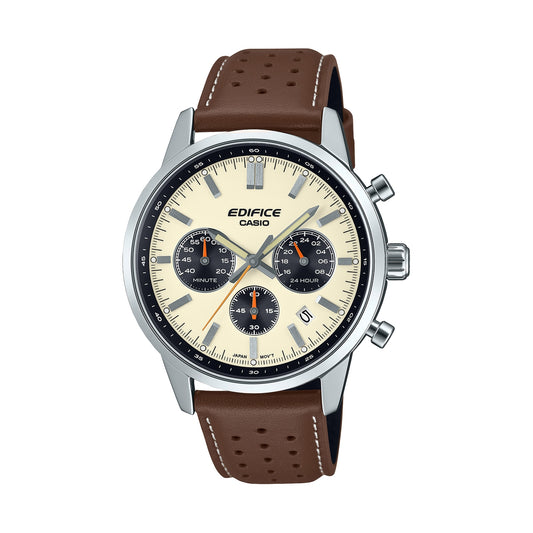CASIO EDIFICE Mod. STANDARD CHRONOGRAPH - CHAMPAGNE with brown leather strap and champagne dial, showcasing luxury and precision.