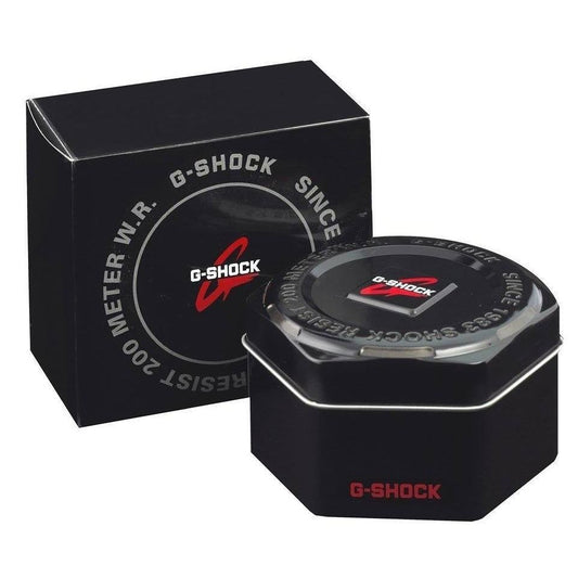 Official packaging box for CASIO G-SHOCK Mod. OAK G-STEEL PETROL BLUE wristwatch, featuring durable black design with logo.