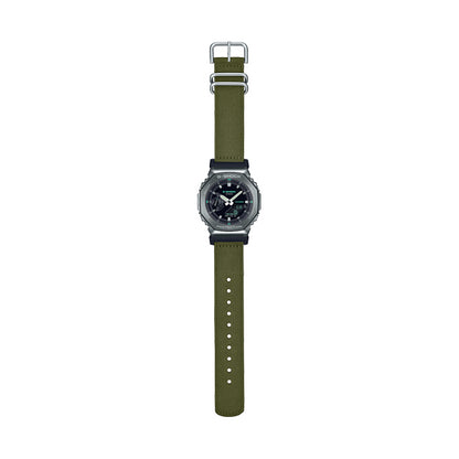 Alt Tag: CASIO G-SHOCK Mod. OAK  METAL COVERED - UTILITY SERIE KHAKI GREEN wristwatch with khaki fabric strap and multifunctional dial.
