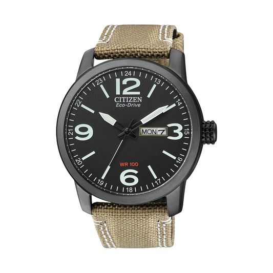 CITIZEN MOD. BM8476-23E watch with black dial and beige strap, Eco-Drive technology, water resistance to 100 meters.