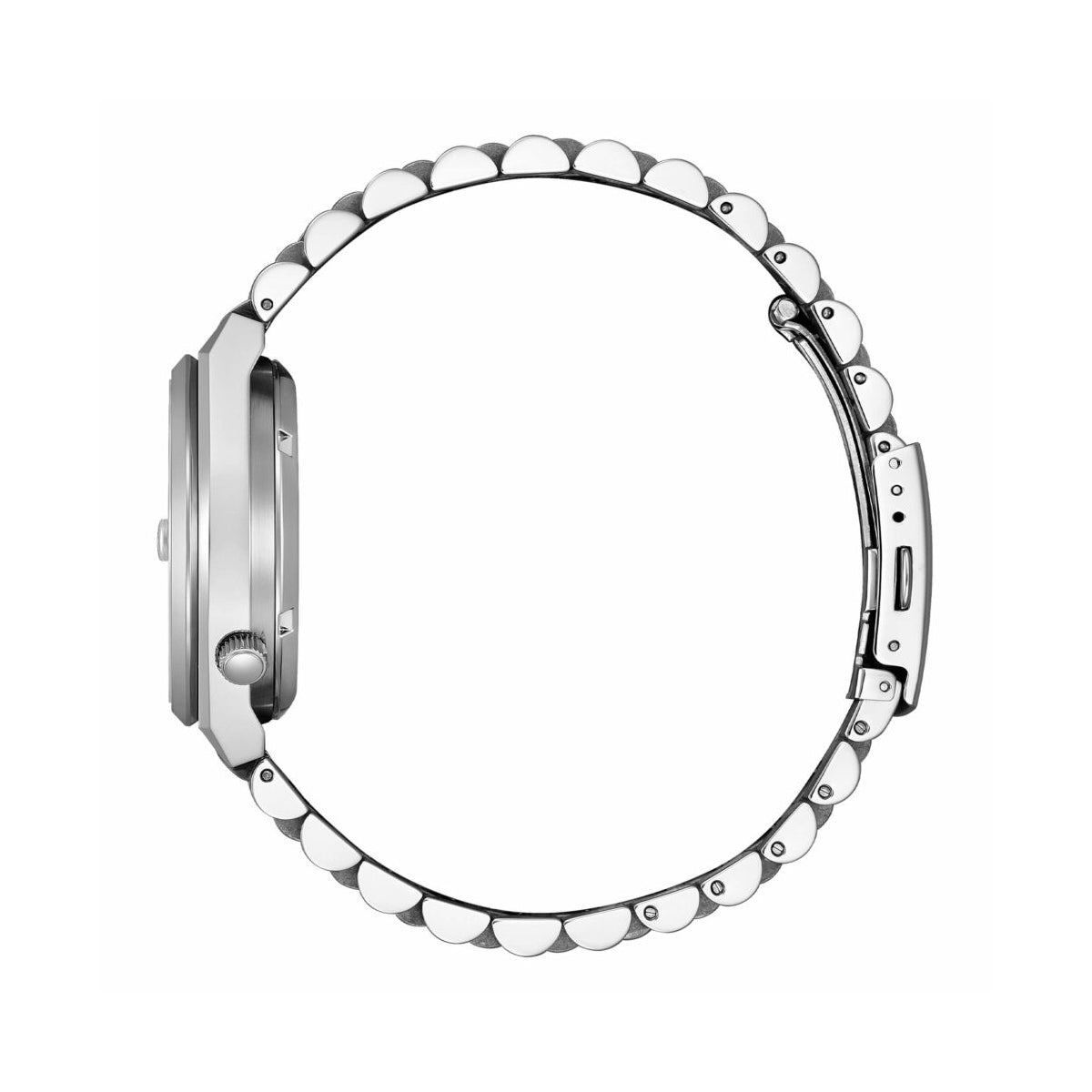 Side view of CITIZEN MOD. NJ0200-50Z wristwatch showcasing stainless steel design and clasp