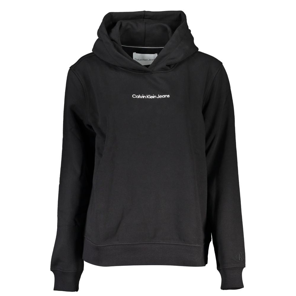 Calvin Klein Black Cotton Sweatshirt with hood, long sleeves, fleece, embroidery, and logo, perfect transitional wear.