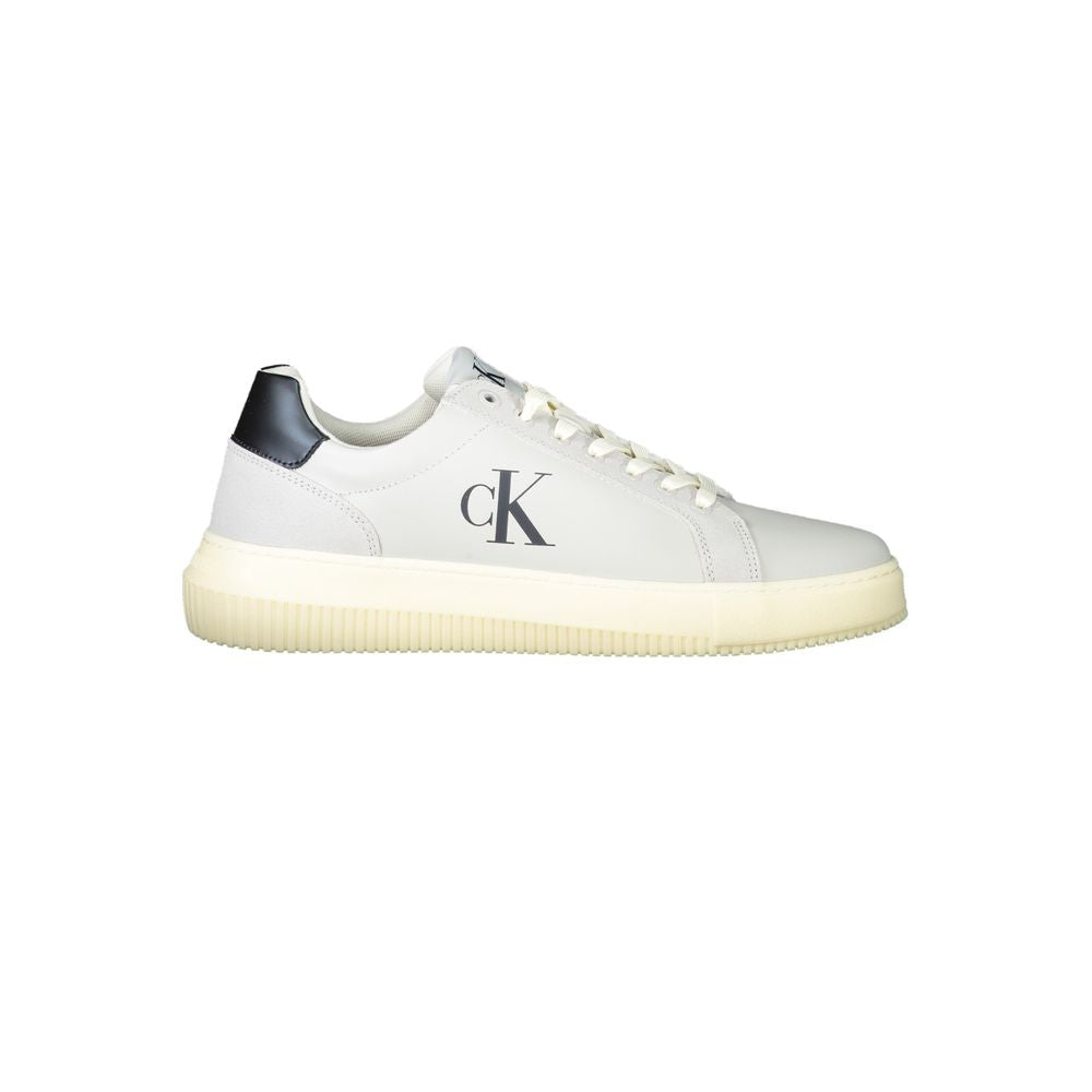 Calvin Klein Brown Leather Men Sneaker with eco-friendly design, featuring lace-up style and dynamic print, luxury footwear for casual wear.