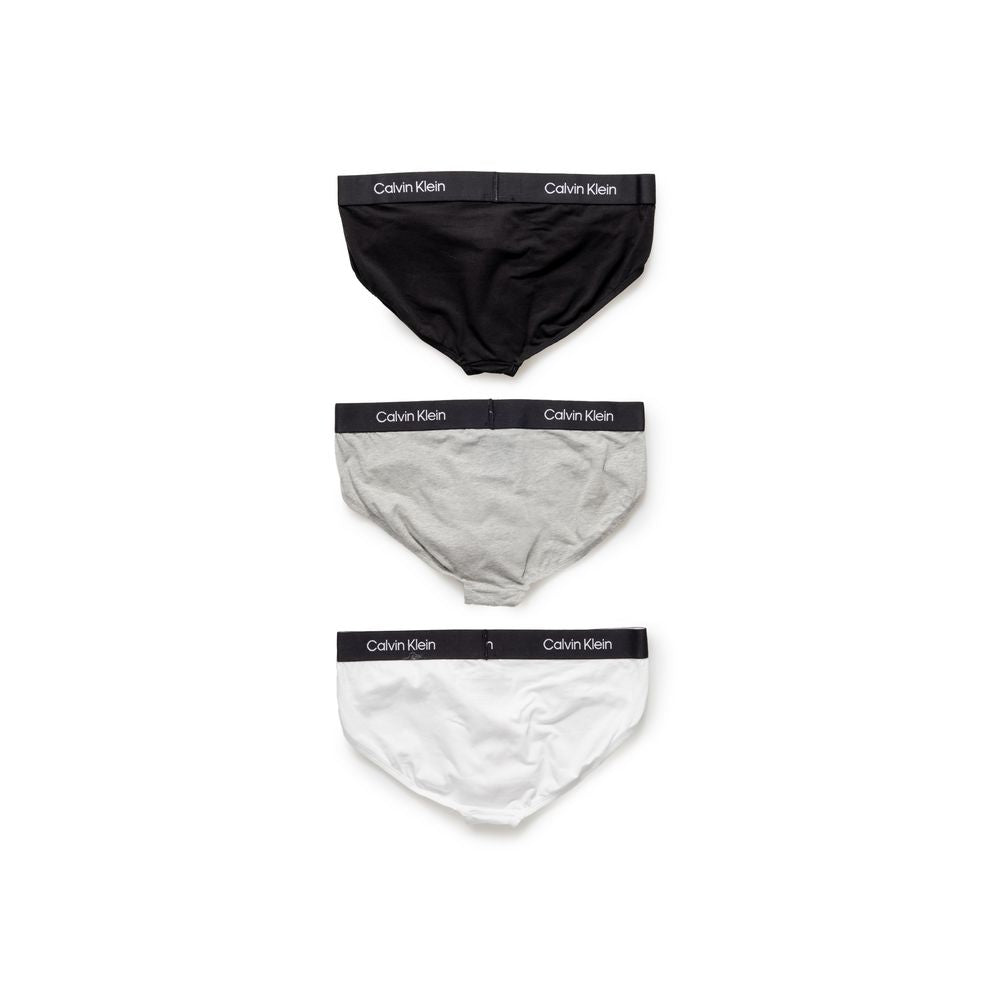 Three pairs of Calvin Klein Underwear White Cotton Underwear displayed in black, grey, and white with logo waistband.