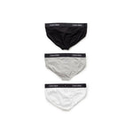 Three pairs of Calvin Klein Underwear White Cotton Underwear displayed in black, grey, and white with logo waistband.