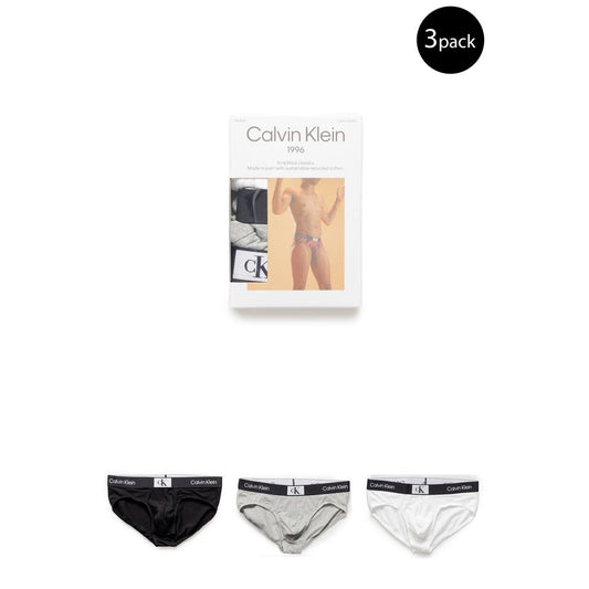 Calvin Klein Underwear White Cotton Underwear 3-pack, ergonomic design, elastic waistband with logo, displayed in black, grey, and white.