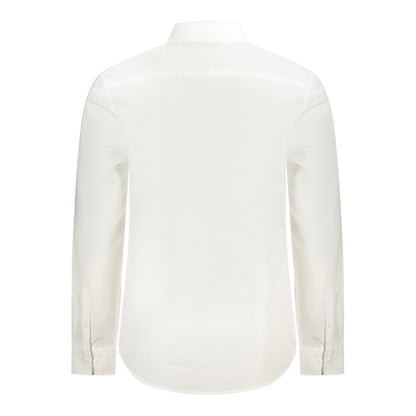 Calvin Klein White Cotton Shirt with long sleeves, Italian collar, and button cuffs, made of 100% organic cotton, classic fit, back view.
