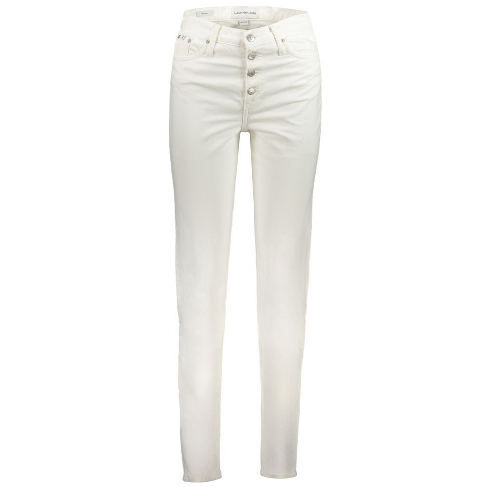 Calvin Klein White Cotton Women Jeans with sustainable 95% recycled cotton, featuring 5-pocket design and branded buttons.