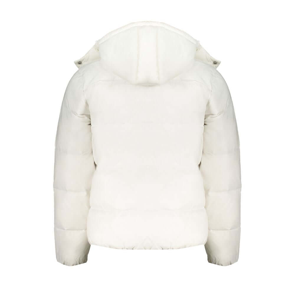 Calvin Klein White Polyamide Men Jacket with removable hood and eco-friendly design, back view showcasing high-fashion style.