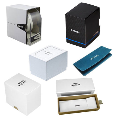 Various official CASIO watch packaging boxes including vintage and sleek designs with logos.