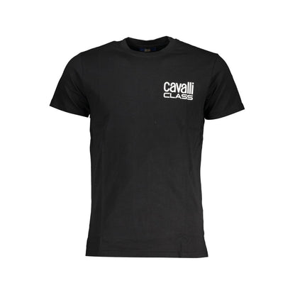 Cavalli Class Black Cotton T-Shirt with short sleeves, crew neck, and logo print.