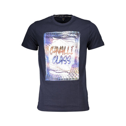 Cavalli Class blue cotton men T-shirt with eye-catching print and logo on front, short sleeves, contemporary fashion design.