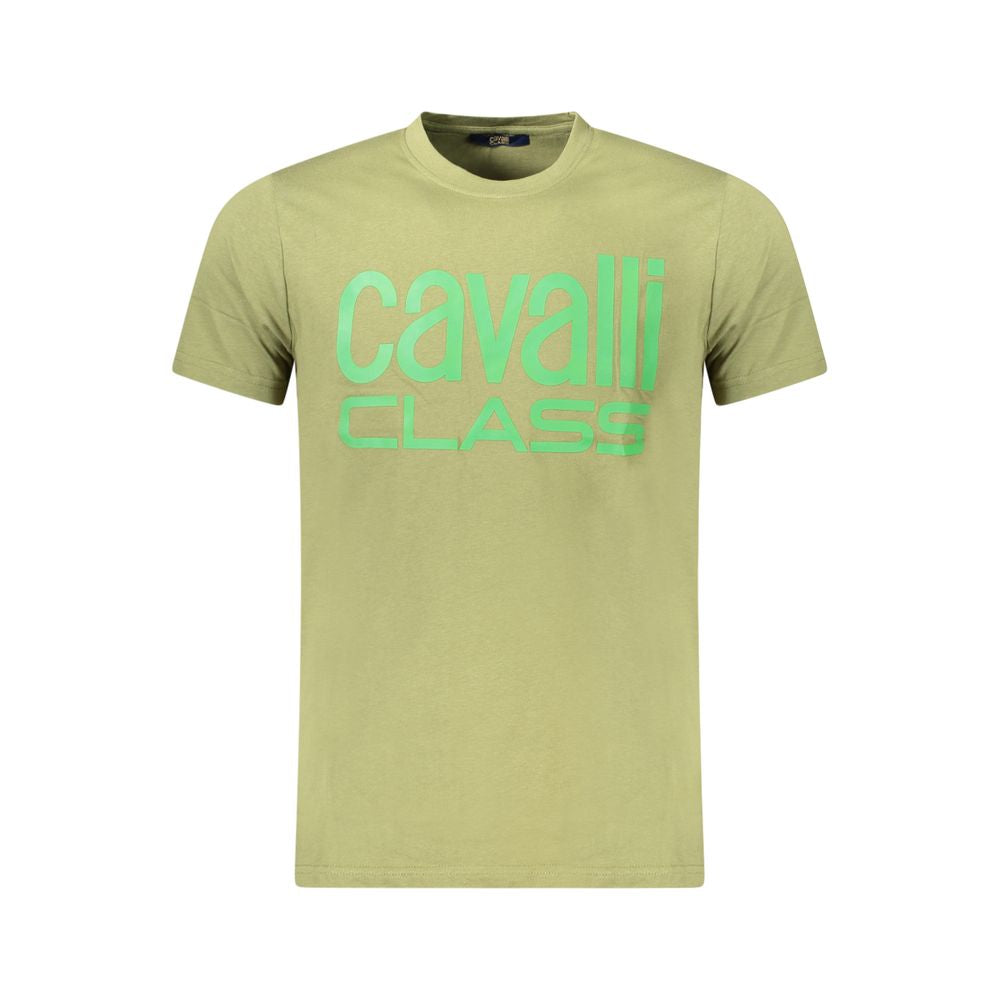 Cavalli Class Green Cotton Men T-Shirt with logo print, luxury short-sleeve design in premium cotton, bold fashion statement.