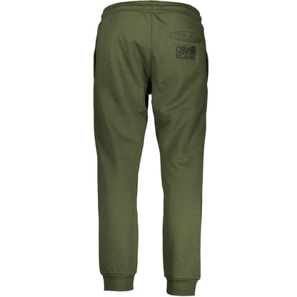 Cavalli Class Green Cotton Pant with elastic waist, laces, 3 pockets, ankle cuff, embroidery and logo shown from back view.