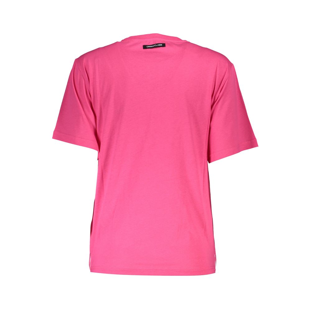 Back view of Cavalli Class Pink Cotton Women T-Shirt with a regular fit and luxury logo, showcasing vibrant style and comfort.