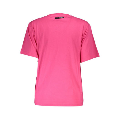 Back view of Cavalli Class Pink Cotton Women T-Shirt with a regular fit and luxury logo, showcasing vibrant style and comfort.